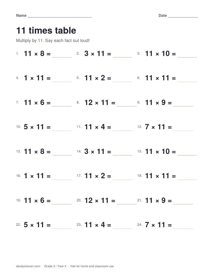 11 times table worksheet preview