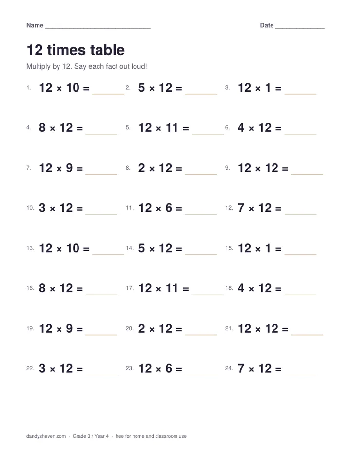 12 times table worksheet preview