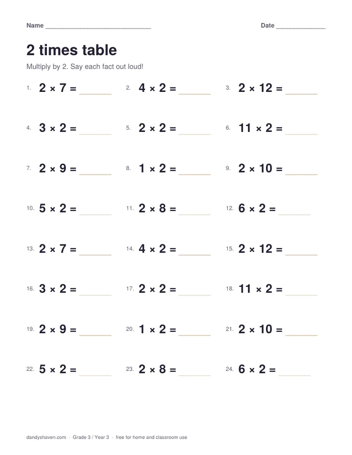 2 times table worksheet preview