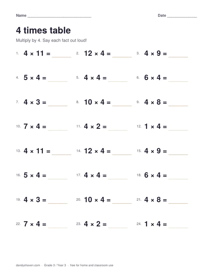 4 times table worksheet preview