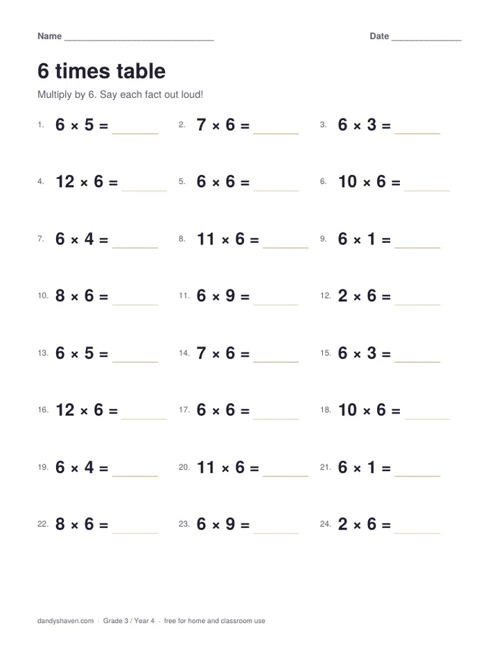 6 times table worksheet preview