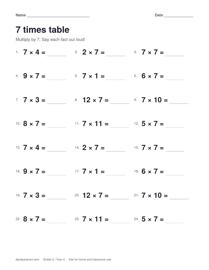 7 times table worksheet preview