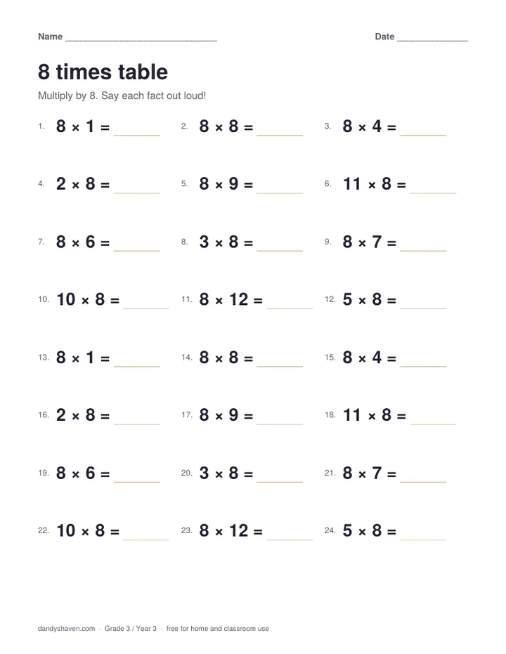 8 times table worksheet preview