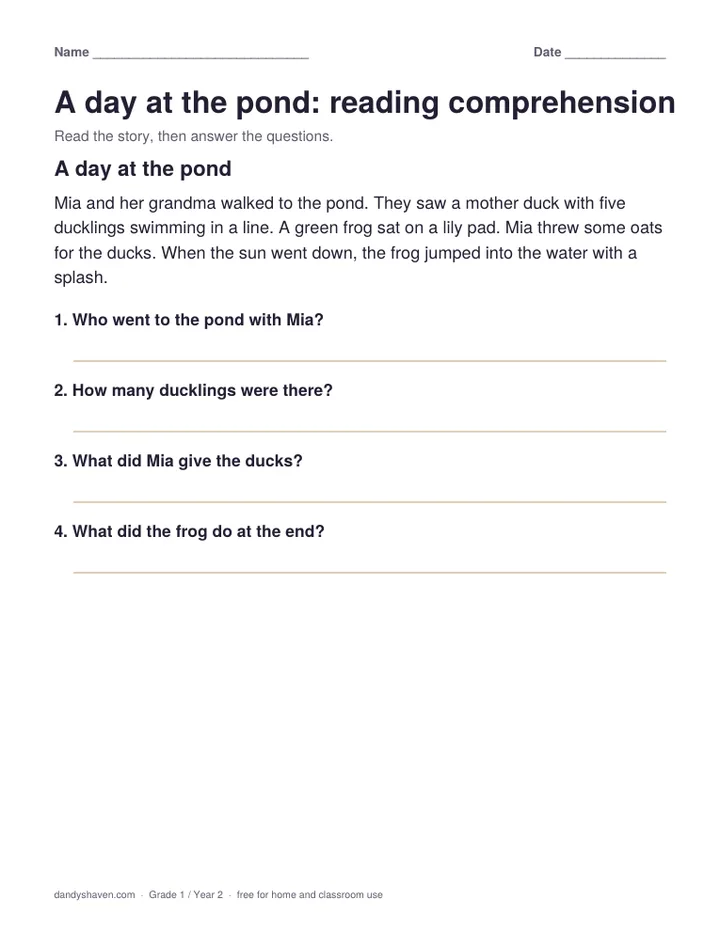 A day at the pond: reading comprehension worksheet preview