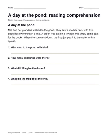 A day at the pond: reading comprehension worksheet preview