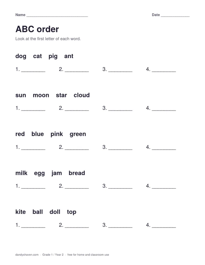 ABC order worksheet preview