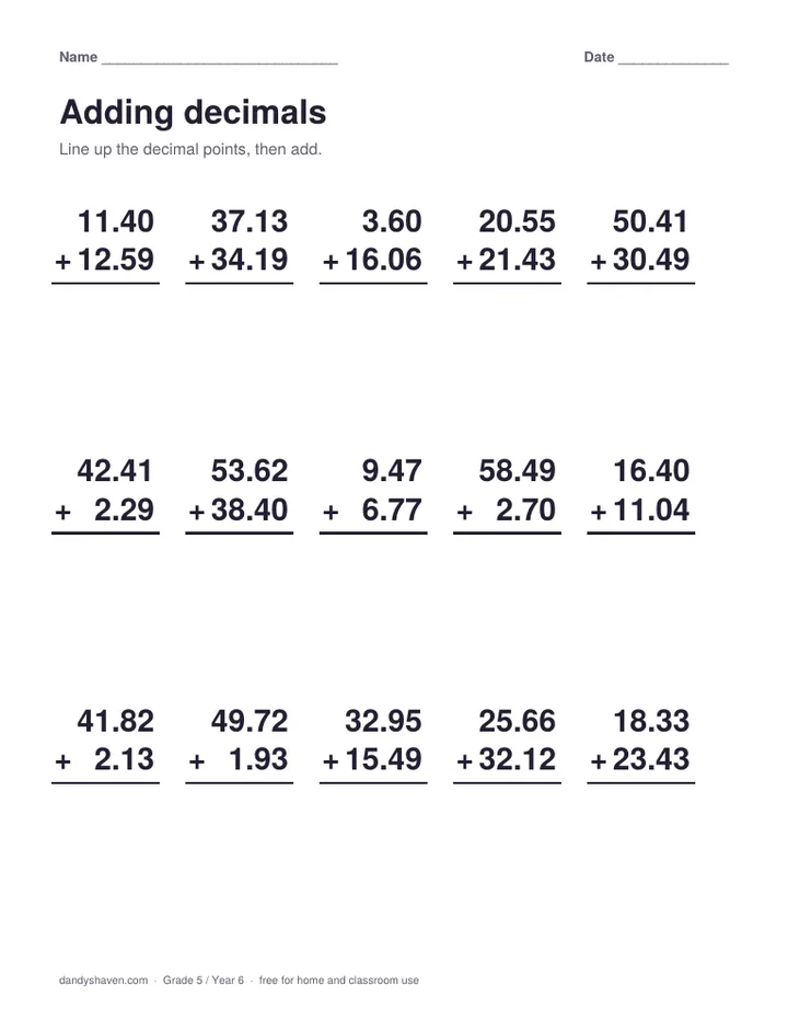 Adding decimals worksheet preview
