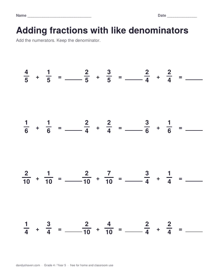 Adding fractions with like denominators worksheet preview