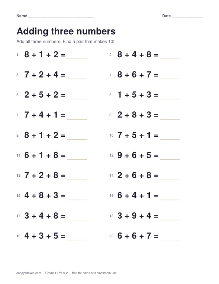 Adding three numbers worksheet preview