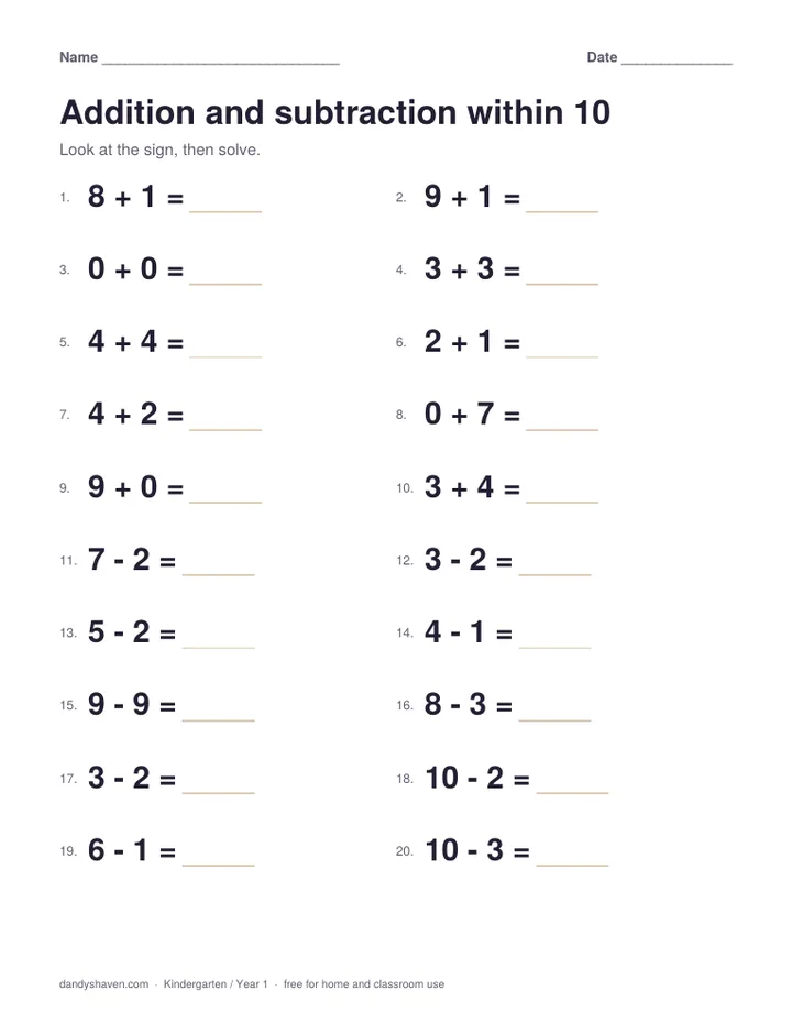 Addition and subtraction within 10 worksheet preview