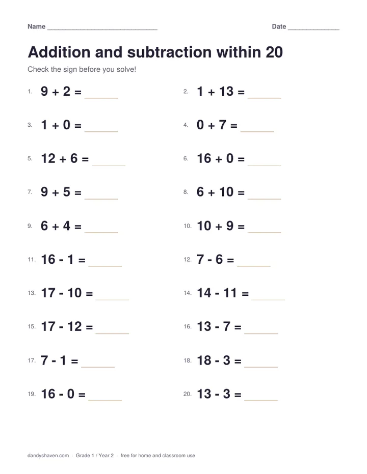 Addition and subtraction within 20 worksheet preview