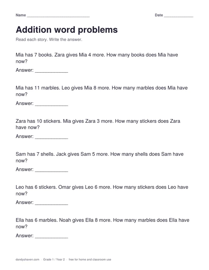 Addition word problems worksheet preview
