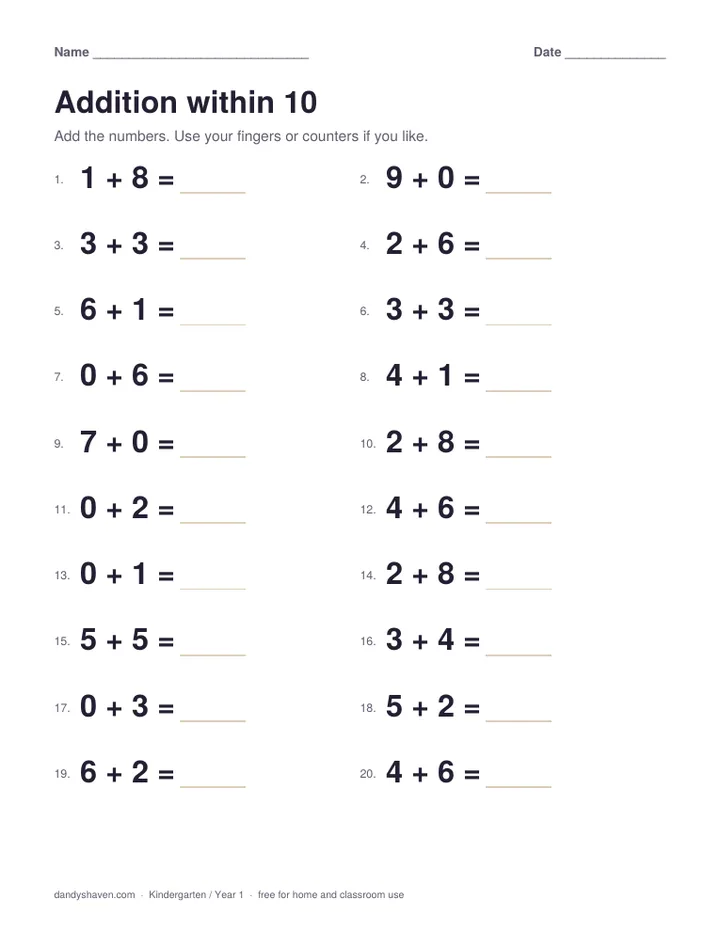 Addition within 10 worksheet preview