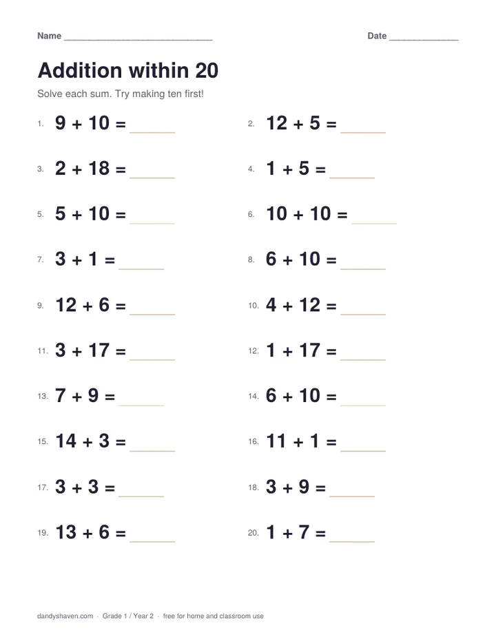 Addition within 20 worksheet preview