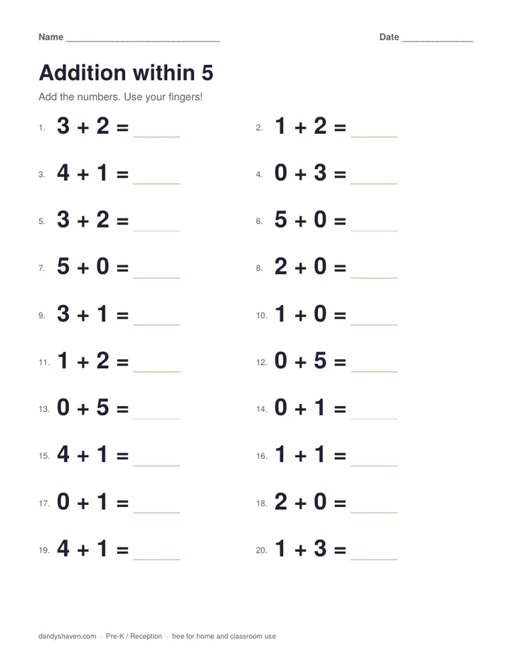 Addition within 5 worksheet preview