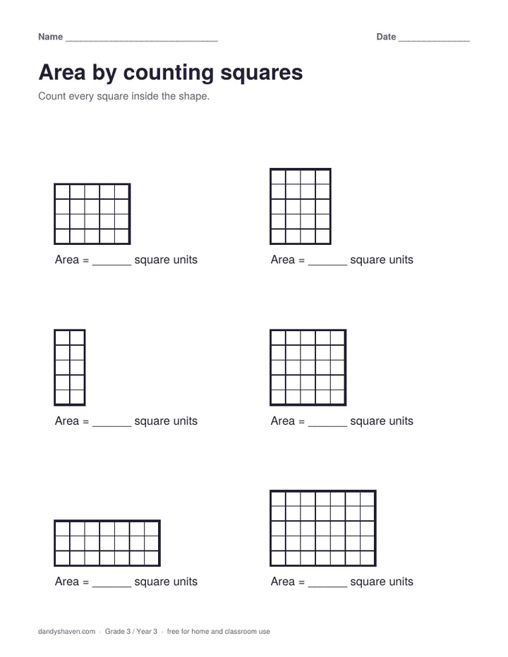 Area by counting squares worksheet preview