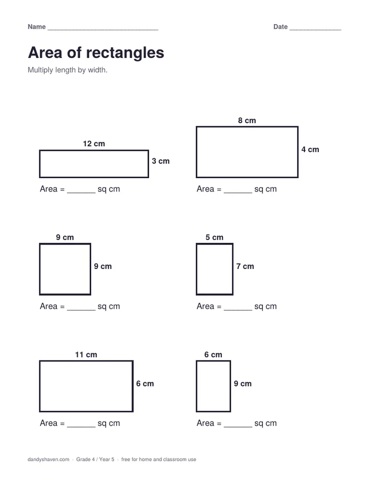 Area of rectangles worksheet preview