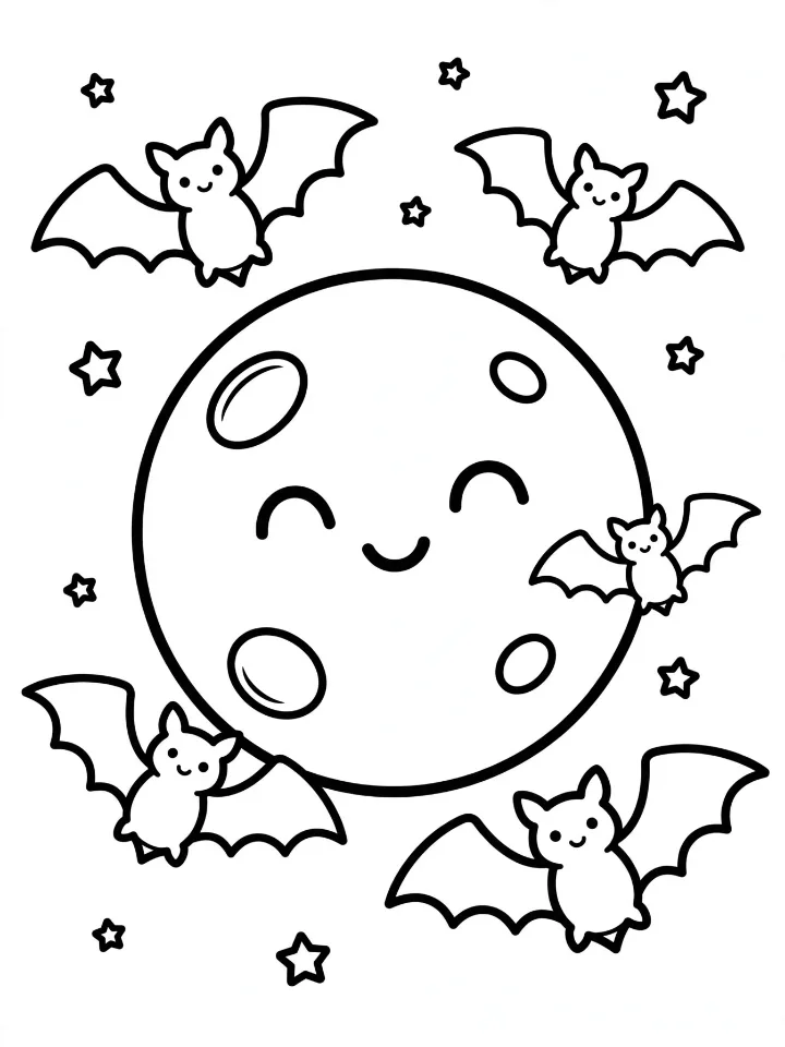 Bats flying across the moon coloring page