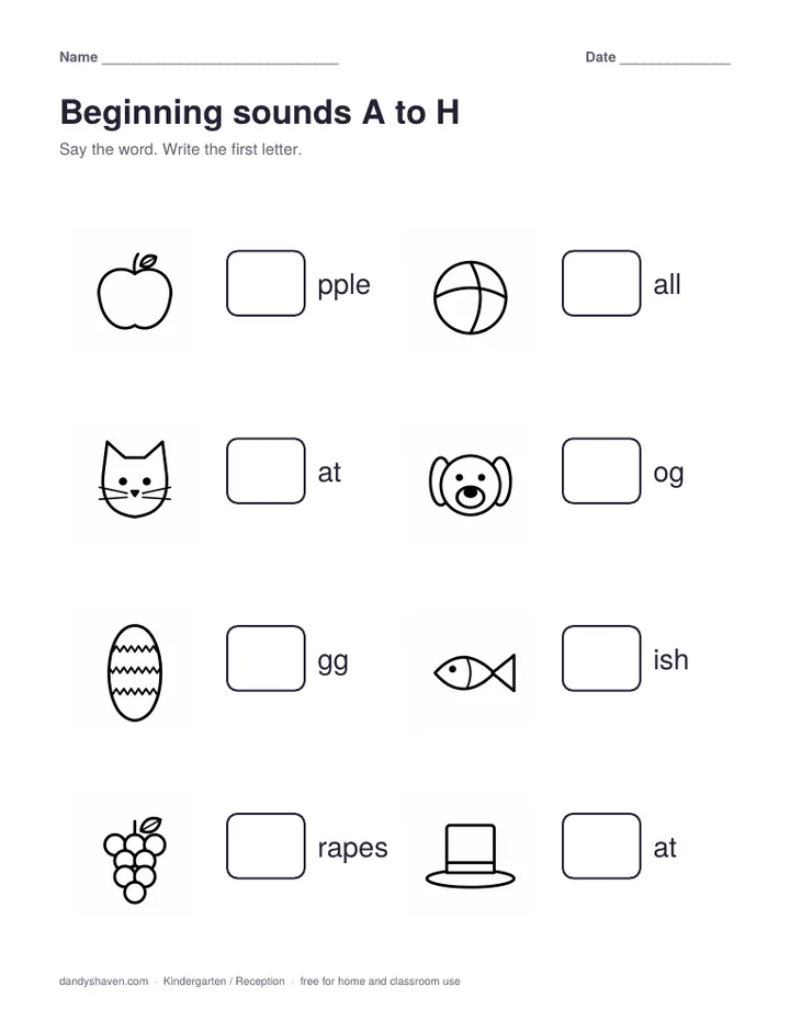 Beginning sounds A to H worksheet preview