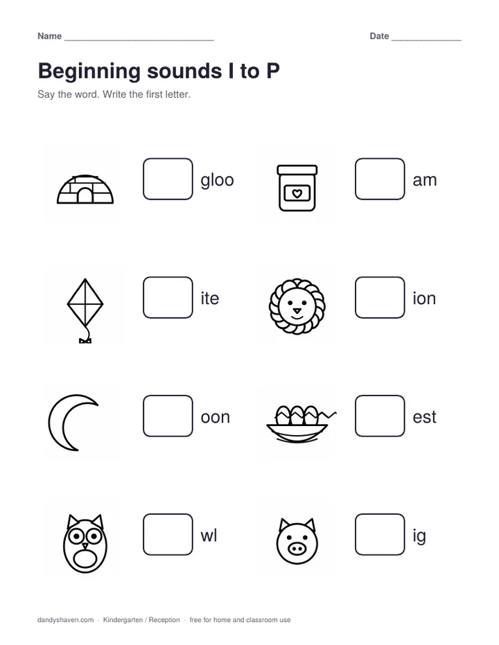 Beginning sounds I to P worksheet preview