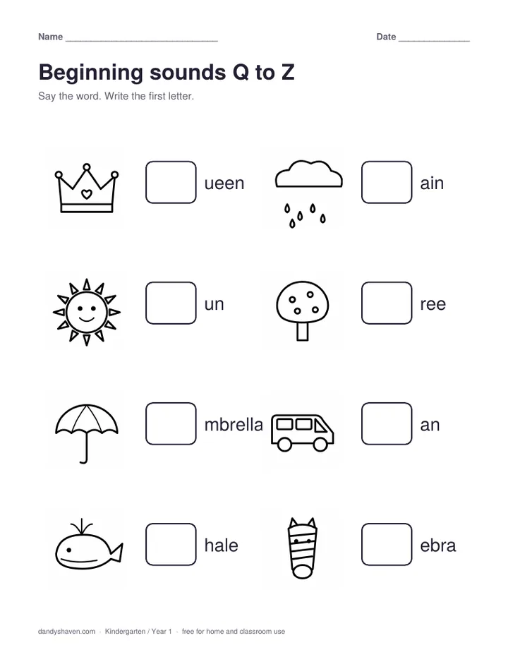 Beginning sounds Q to Z worksheet preview