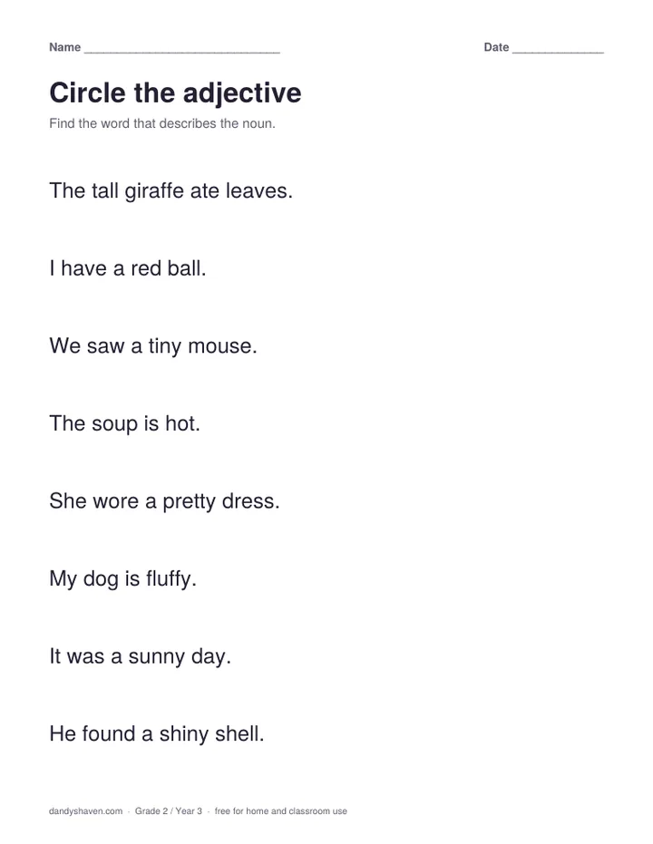 Circle the adjective worksheet preview