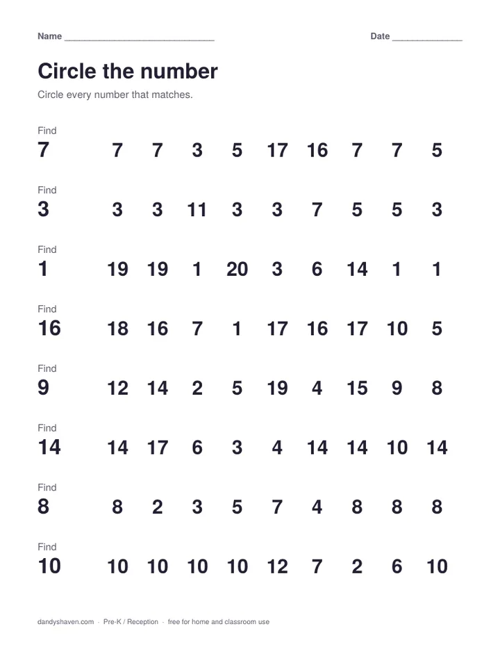Circle the number worksheet preview