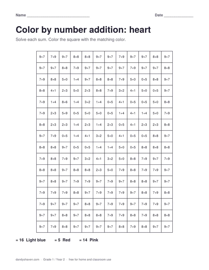 Color by number addition: heart worksheet preview