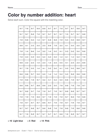 Color by number addition: heart worksheet preview