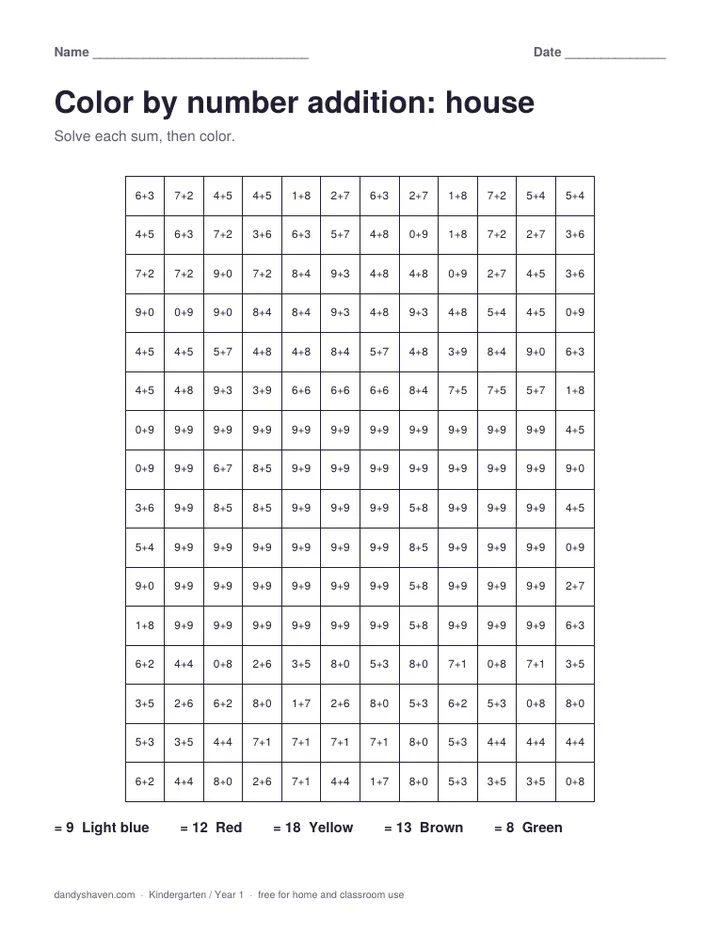 Color by number addition: house worksheet preview