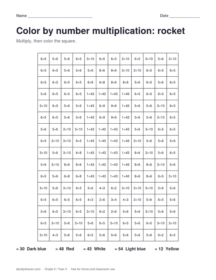 Color by number multiplication: rocket worksheet preview