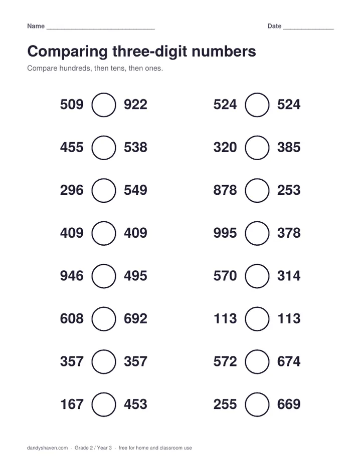 Comparing three-digit numbers worksheet preview