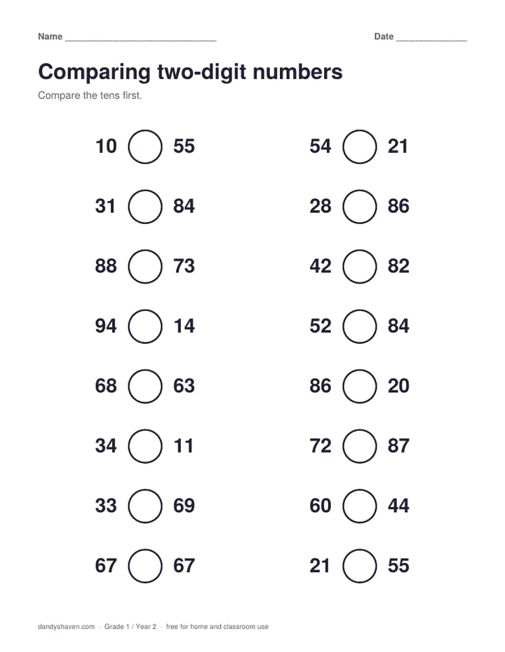 Comparing two-digit numbers worksheet preview