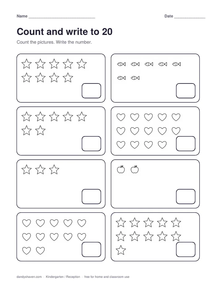 Count and write to 20 worksheet preview
