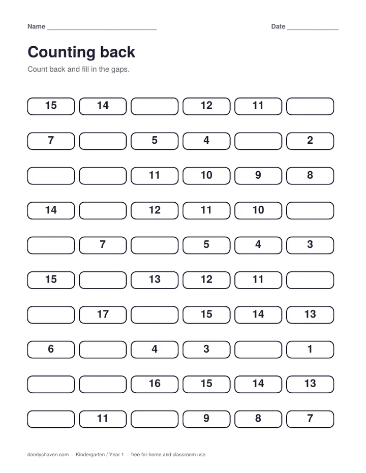 Counting back worksheet preview