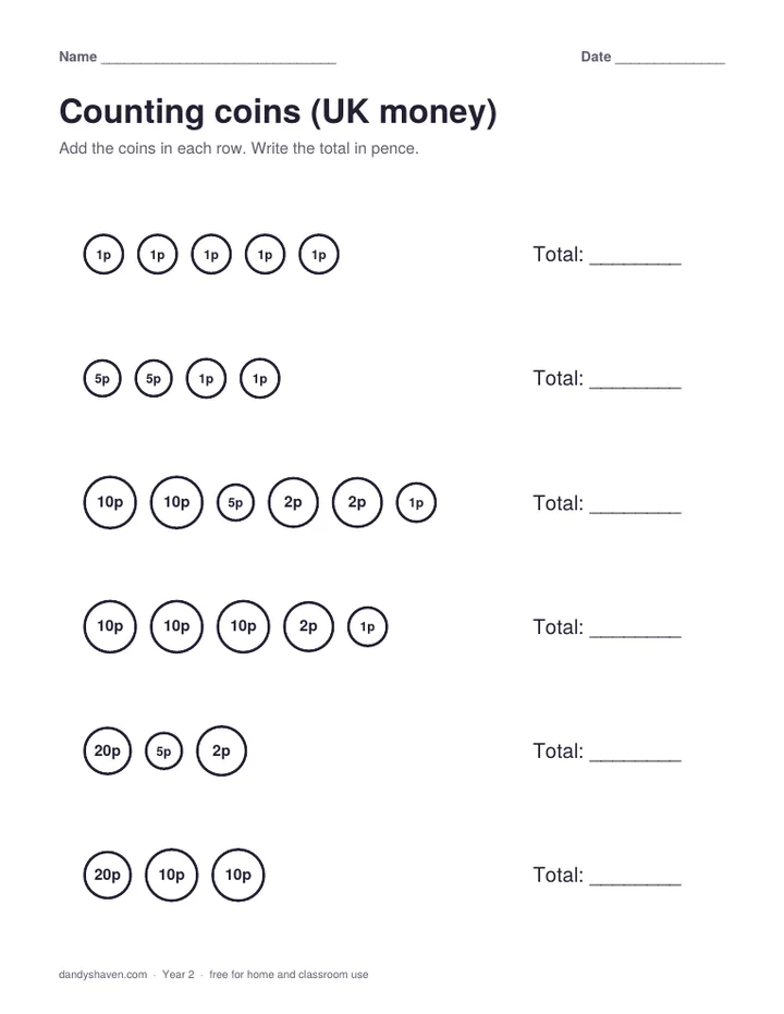 Counting coins (UK money) worksheet preview