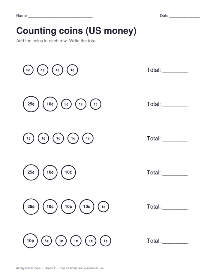 Counting coins (US money) worksheet preview