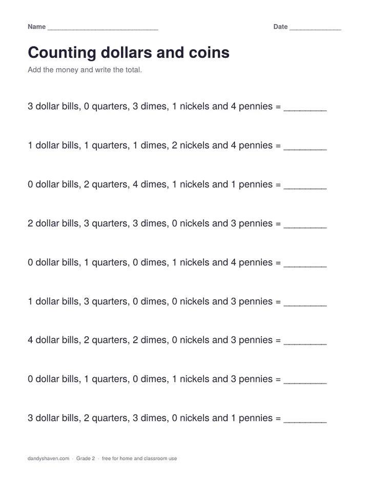 Counting dollars and coins worksheet preview