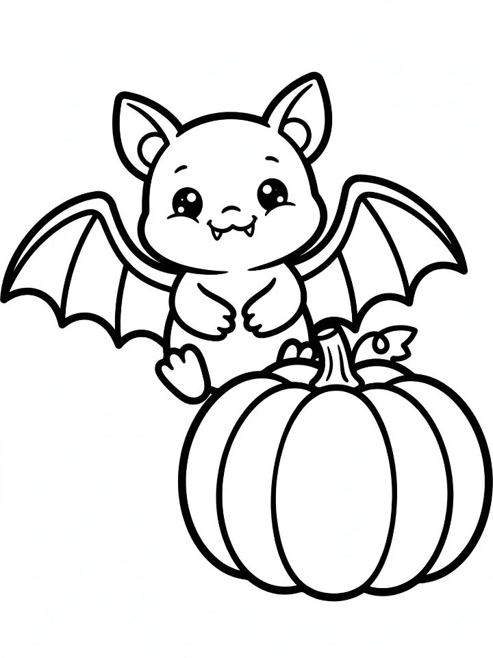 Cute bat with a pumpkin coloring page