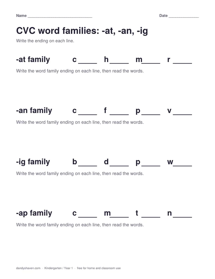 CVC word families: -at, -an, -ig worksheet preview