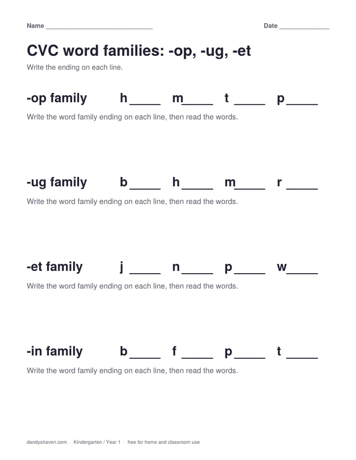 CVC word families: -op, -ug, -et worksheet preview
