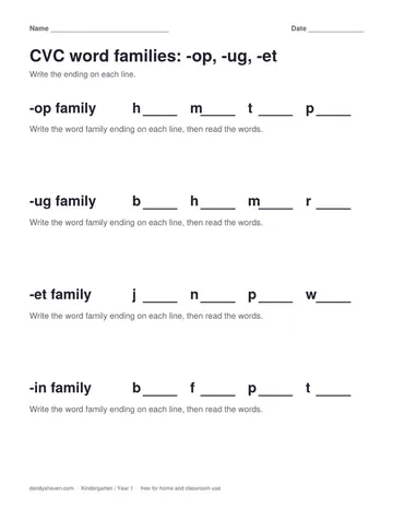 CVC word families: -op, -ug, -et worksheet preview