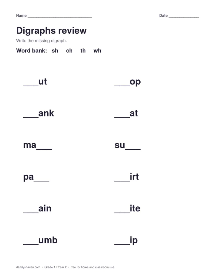 Digraphs review worksheet preview