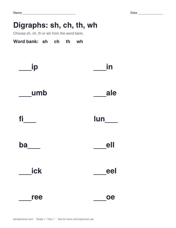 Digraphs: sh, ch, th, wh worksheet preview