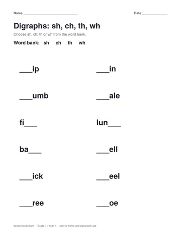 Digraphs: sh, ch, th, wh worksheet preview