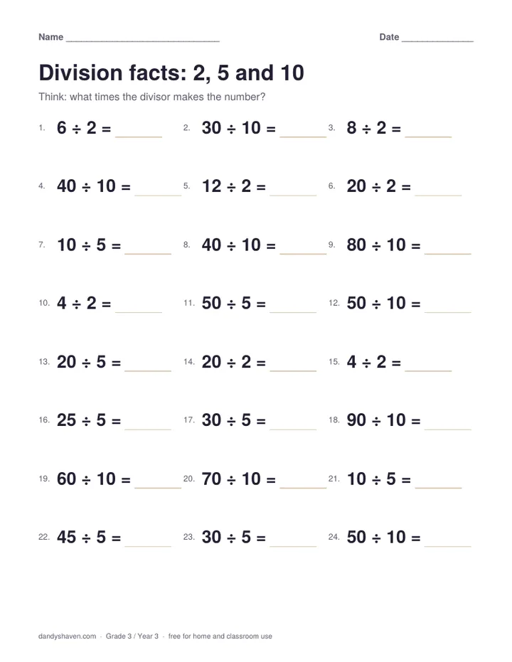 Division facts: 2, 5 and 10 worksheet preview