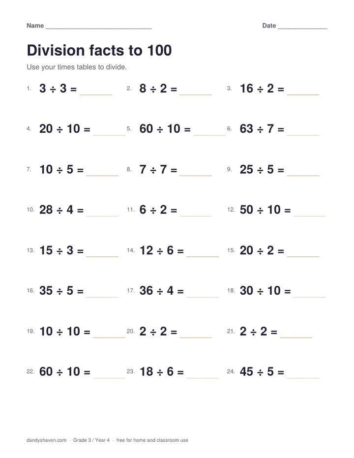 Division facts to 100 worksheet preview