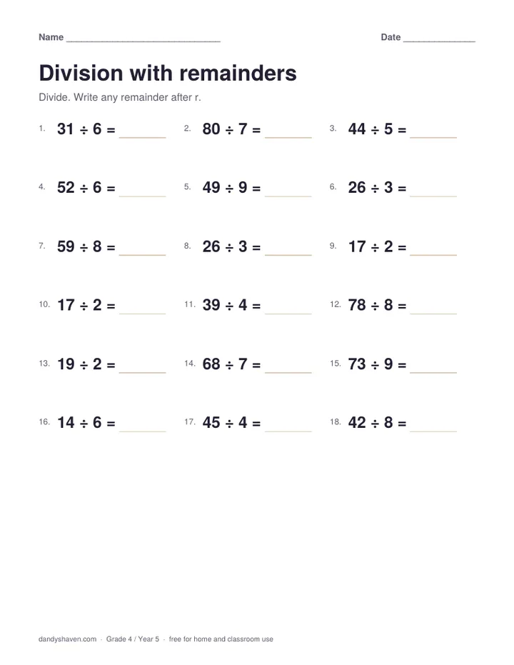Division with remainders worksheet preview