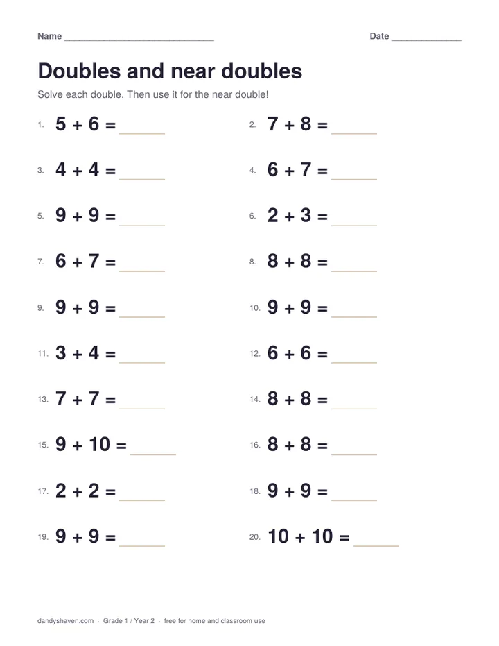 Doubles and near doubles worksheet preview