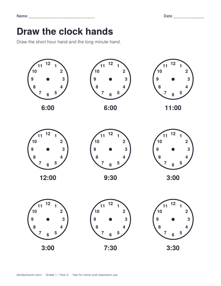 Draw the clock hands worksheet preview
